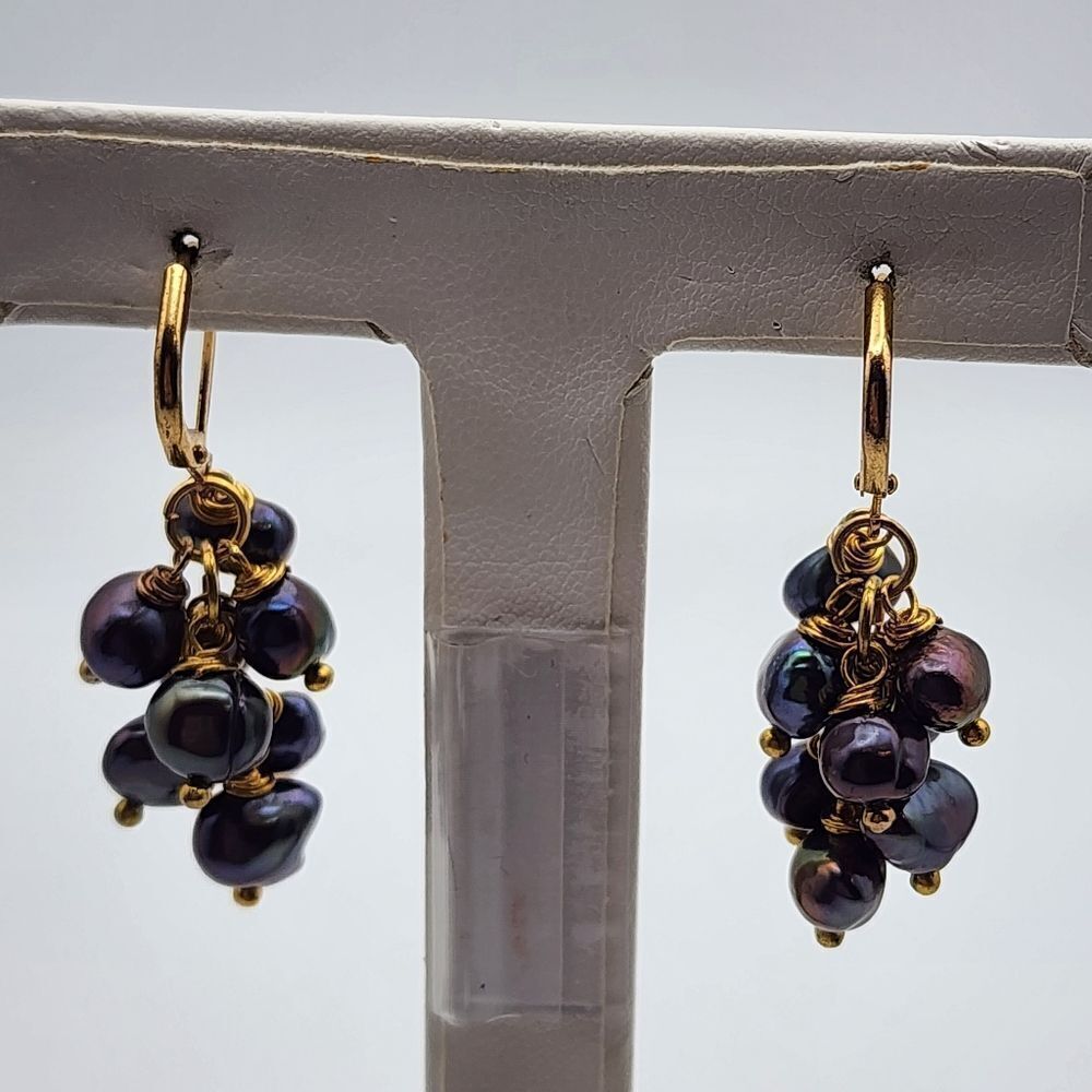 Gold Tone Genuine Peacock Pearl Dangling Cluster Earrings